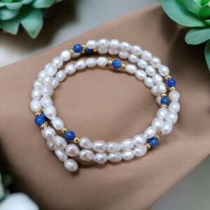 Vintage Freshwater Pearl and Lapis Beads Wrap Bracelet